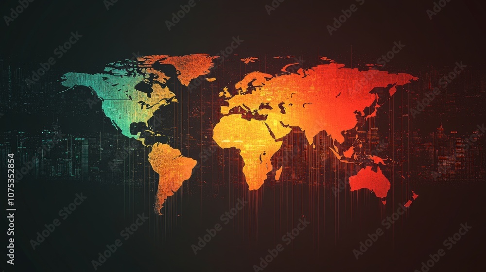 Poster a digital world map with a red, orange, and teal gradient color scheme and vertical lines of color.