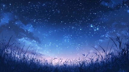 Fototapeta premium Blue sky with the first stars of the night twinkling softly, hinting at the galaxy vastness above.