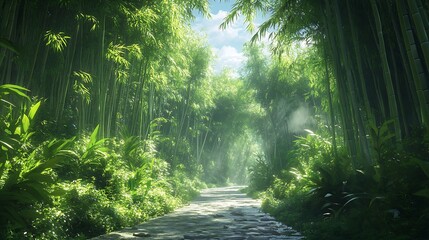 Obraz premium A serene path winds through the lush green bamboo, Beautiful green bamboo forest