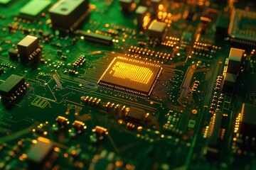 Fototapeta premium Close-up of a Circuit Board with a Glowing Microchip - Technology and Innovation