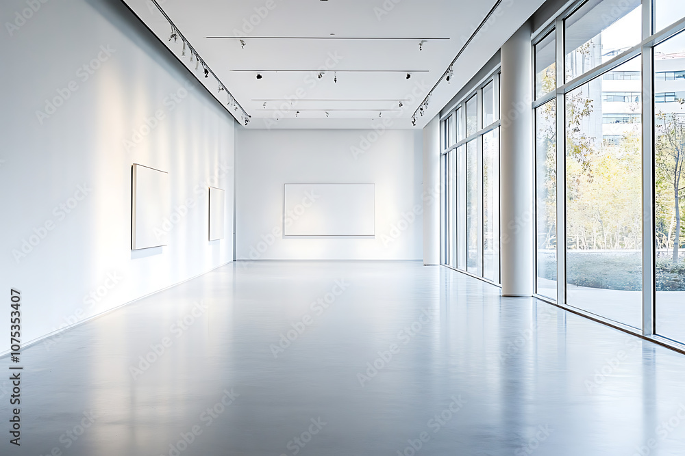 Poster modern empty art gallery with white walls and large windows.