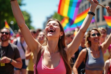 Joyful celebration at colorful lgbtq+ pride parade with rainbow flags
