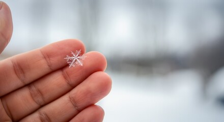 Delicate snowflake on fingertip winter backdrop