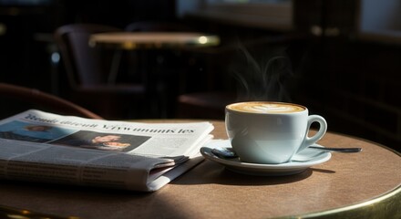 Morning coffee newspaper in cozy cafe