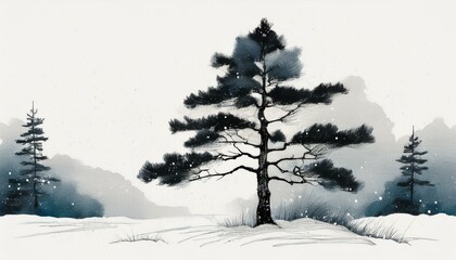 Obraz premium 소나무에 소복하게 쌓인 눈 동양화