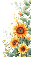 Watercolor painting of sunflowers and leaves on a white background.