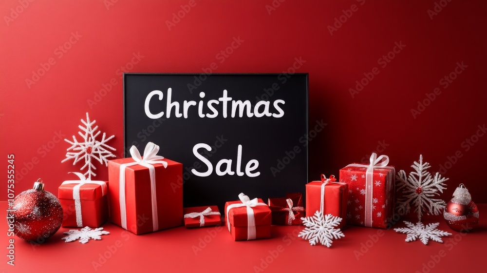 Aufkleber presents wrapped in red paper with white ribbons and snowflakes are arranged in front of a chalkboar