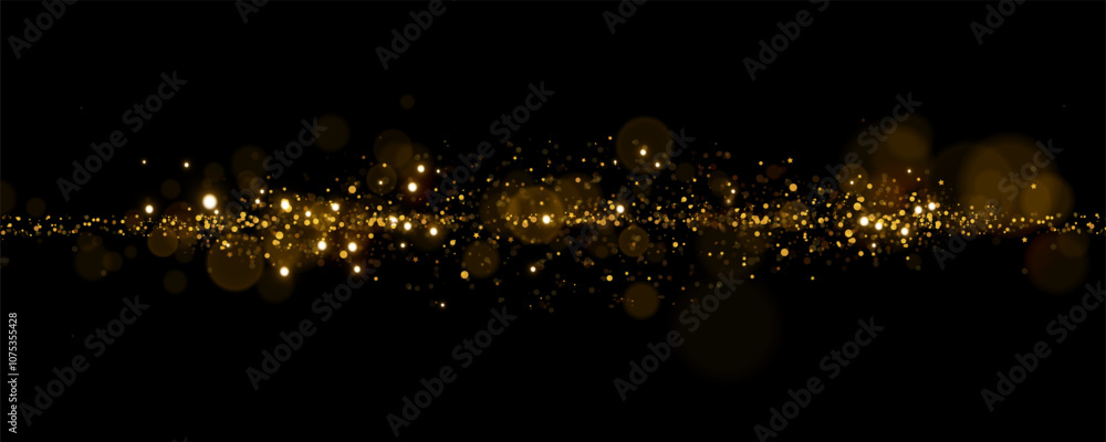 Poster sparkling golden particles, glowing bokeh lights isolated on dark transparent background