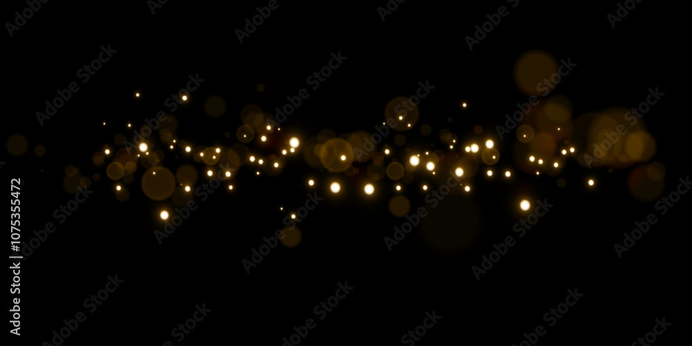 Poster sparkling golden particles, glowing bokeh lights isolated on dark transparent background