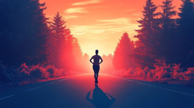 Silhouette of a Runner on a Road at Sunset Through a Forest