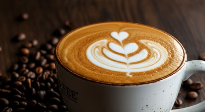 Artistic latte coffee with heart design in cozy cafe setting