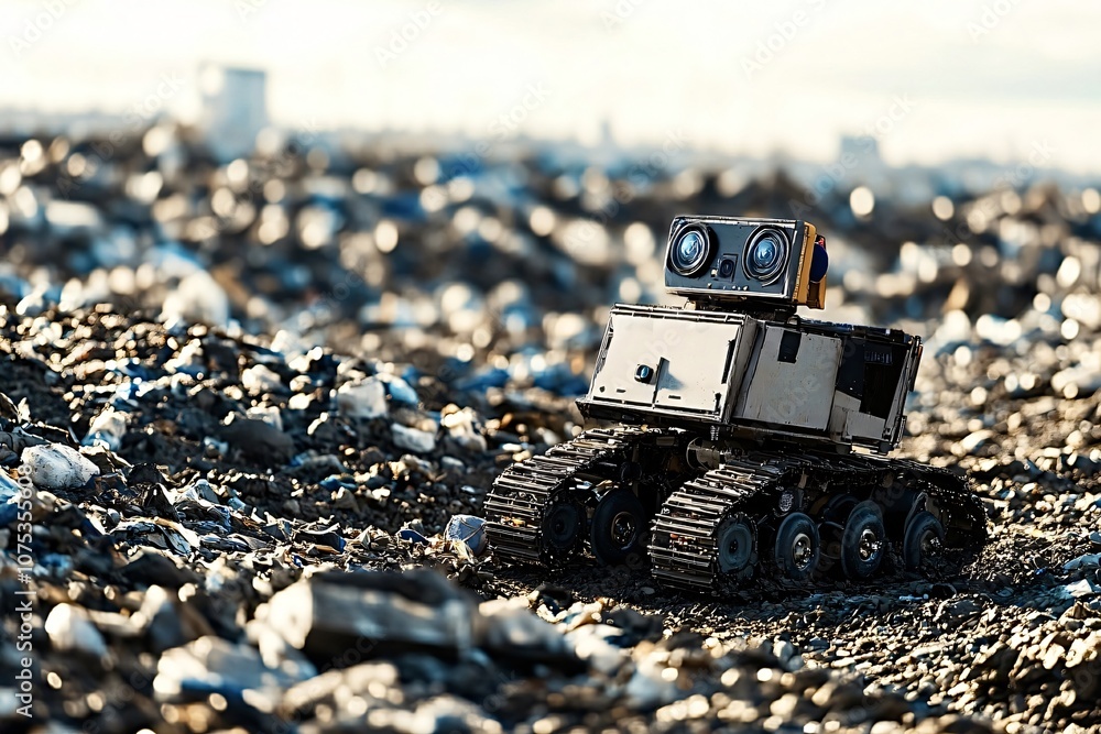 Poster small, tracked robot exploring a vast landfill site, potentially searching for recyclable materials 