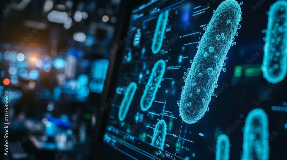 Poster close-up of a blue digital representation of a bacteria on a computer screen