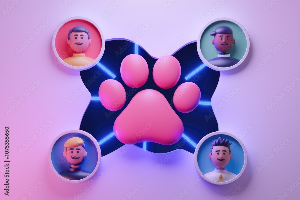 Poster four avatars connected to a pink paw print representing teamwork.
