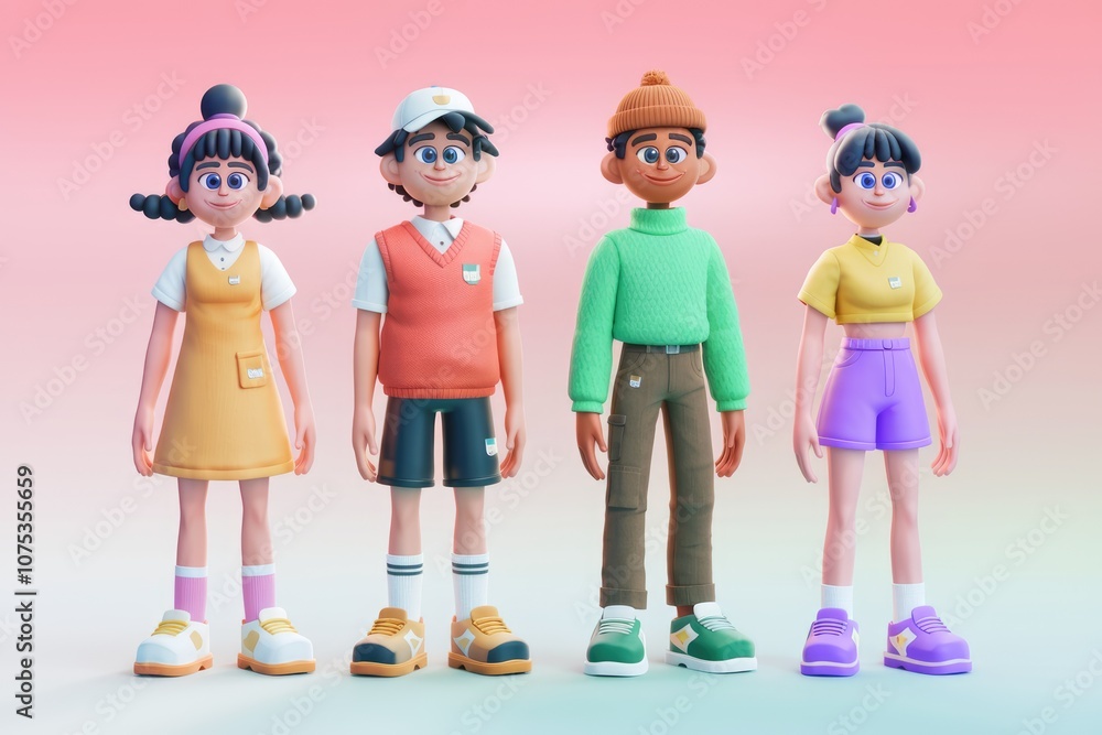 Poster four 3d cartoon characters stand in a row wearing various outfits.