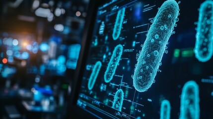Close-up of a Blue Digital Representation of a Bacteria on a Computer Screen