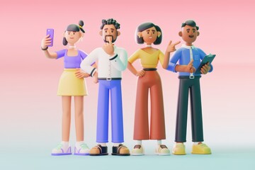 Fototapeta premium Four 3D characters standing together showcasing diverse personalities.