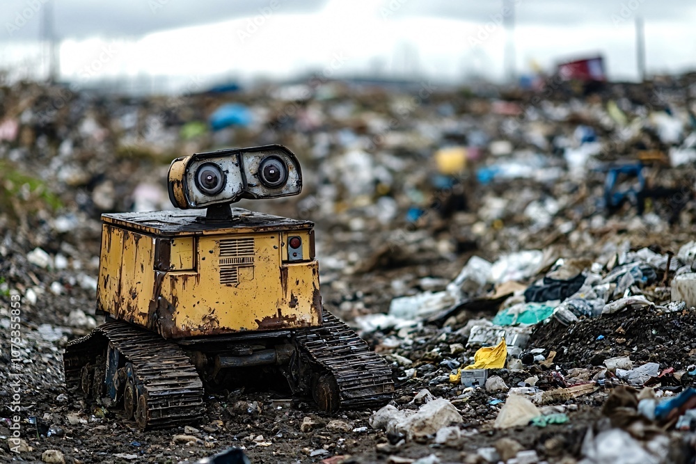 Poster miniature robot navigating a large landfill, highlighting environmental pollution and the need for w