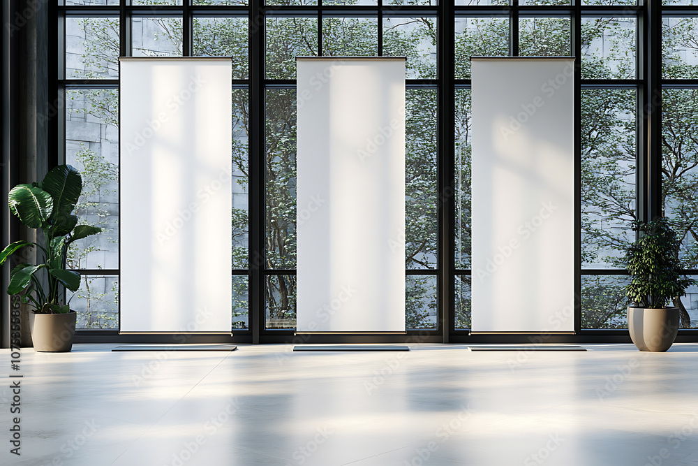 Poster clean and empty mockup of three roll-up banners in a modern interior room with large windows. 3d ren