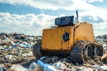 Autonomous robot with tank tracks and cameras exploring a large garbage dump site under a cloudy sky, analyzing waste for recycling and environmental monitoring