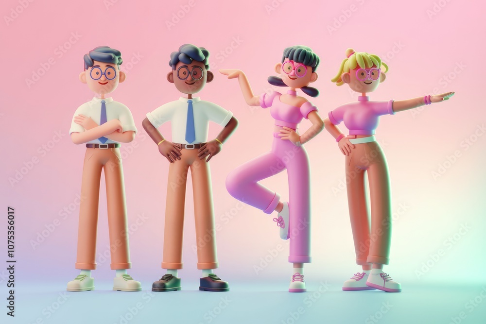 Poster Four 3D cartoon characters with different poses