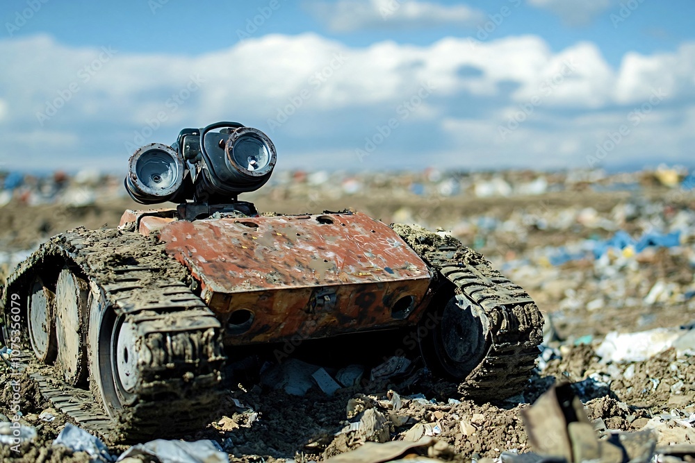 Poster small rusty crawler robot exploring a polluted garbage dump with waste and trash, environmental disa