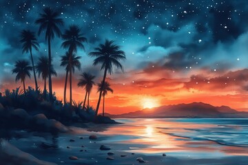 Tranquil ramadan greeting card design with nature-inspired watercolor sky and palm silhouette