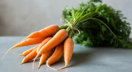 Fresh organic carrots with green tops on kitchen counter