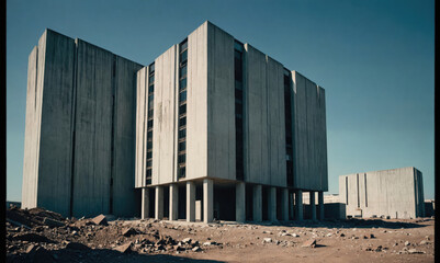 A view of a large, concrete building with numerous windows