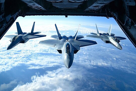 Seen from the open cargo bay of a military aircraft, three lockheed martin f-22 raptor stealth fighters are flying in close formation high above a cloudy landscape