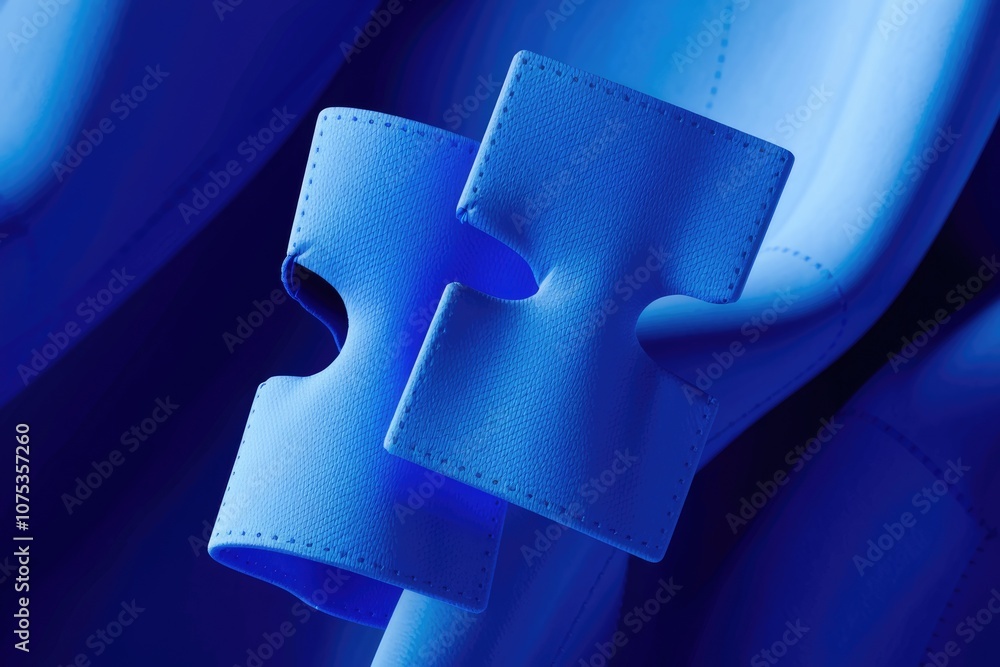 Aufkleber two blue fabric pieces with cut out shapes creating abstract composition.