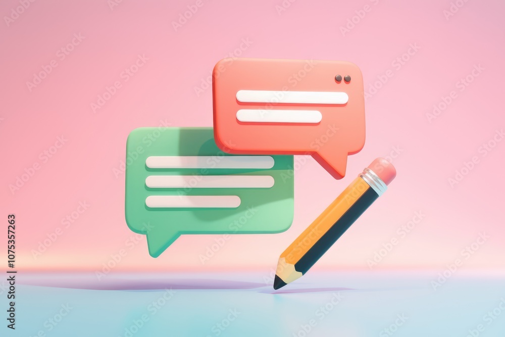 Poster A green and red speech bubble with a pencil  representing communication and writing.