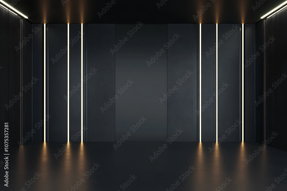 Poster black partition with copyspace in the center of stylish black room with led lights on walls. 3d rend