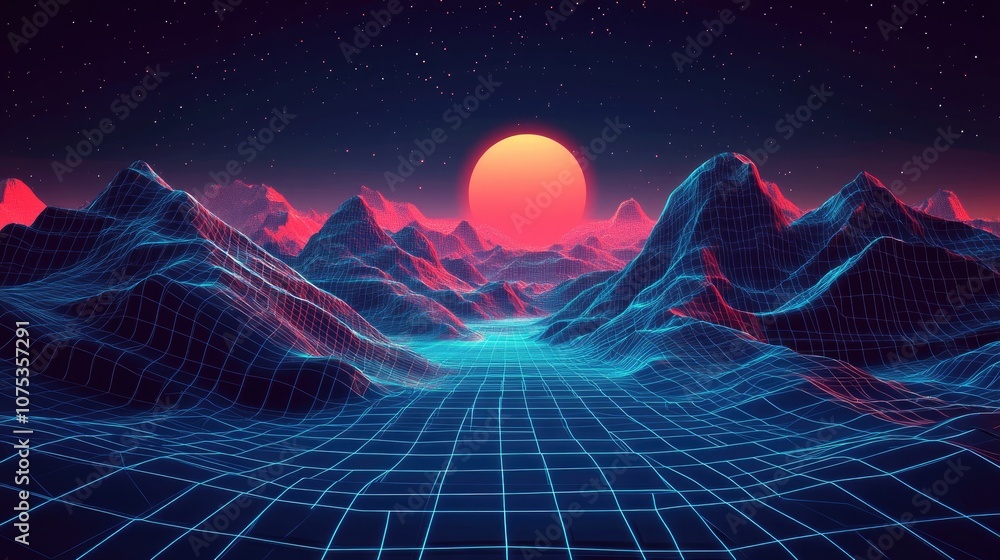 Poster line art illustration of a digital grid landscape featuring high quality techno style graphics in a 
