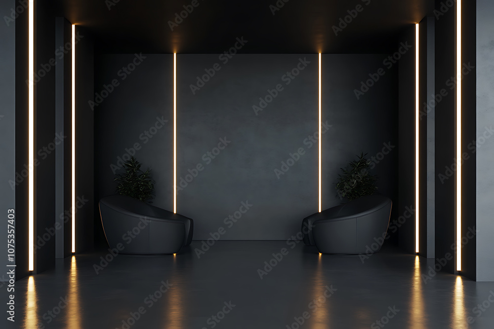 Poster black partition with copyspace in the center of stylish black room with led lights on walls. 3d rend