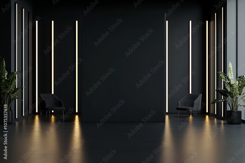 Poster black partition with copyspace in the center of stylish black room with led lights on walls. 3d rend