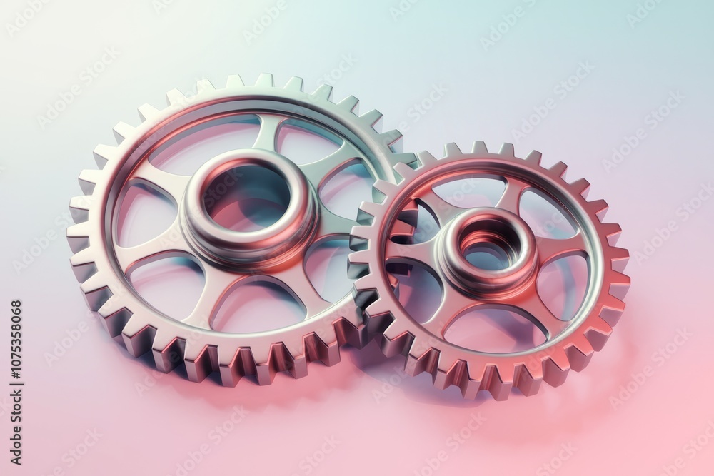 Poster two metallic gears interlocked symbolizing teamwork and collaboration.