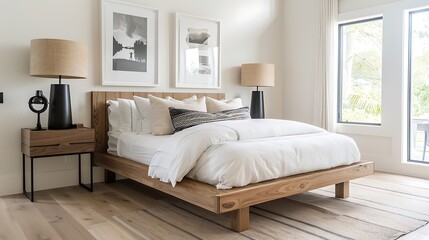 Obraz premium Beautiful Colored Mockup Bedroom Interior Blank Poster Decoration Art Background Image, generative AI