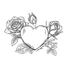 Heart with rose, love, engraving, black line art. For your inscription with copy space.