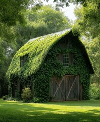 Fototapeta premium Serene Overgrown Barn Surrounded by Lush Greenery in a Tranquil Rural Setting