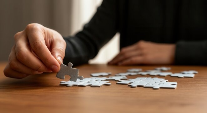 Person solving puzzle on wooden table