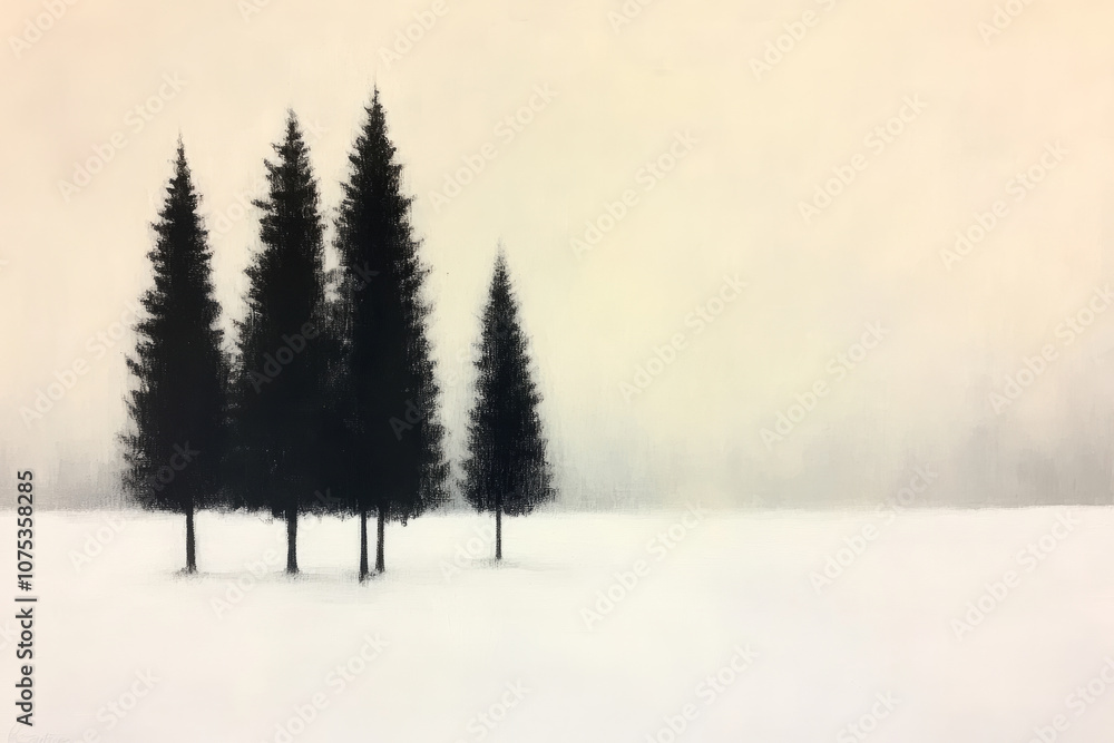 Poster a row of trees are standing in a snow covered field