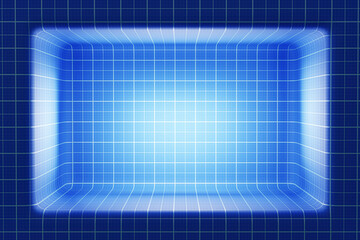 Blueprint inspired room with glowing gridlines and depth