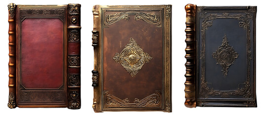 Antique decorative leather book covers. Collection of old books.