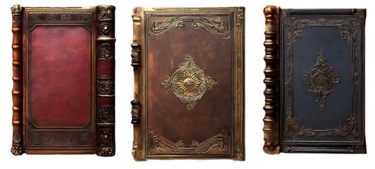 Antique decorative leather book covers. Collection of old books.