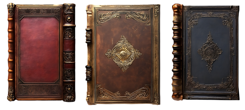 Antique decorative leather book covers. Collection of old books. - Powered by Adobe