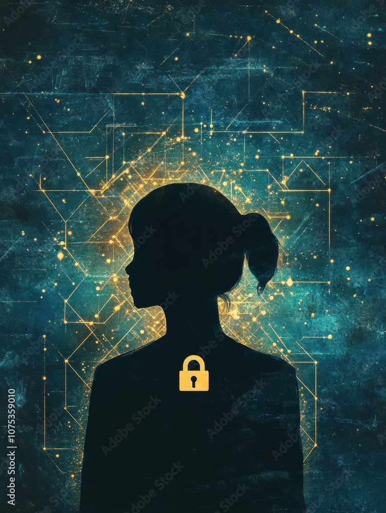 Poster the silhouette of a person is highlighted against a dynamic digital backdrop decorated with a lock s