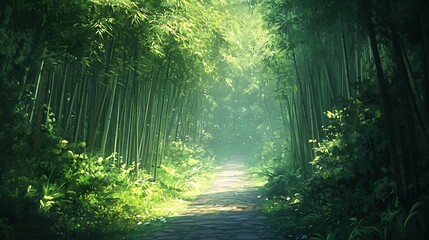 Obraz premium A serene path winds through the lush green bamboo, Beautiful green bamboo forest