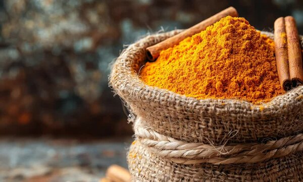 Burlap sack of turmeric powder on a wooden table 