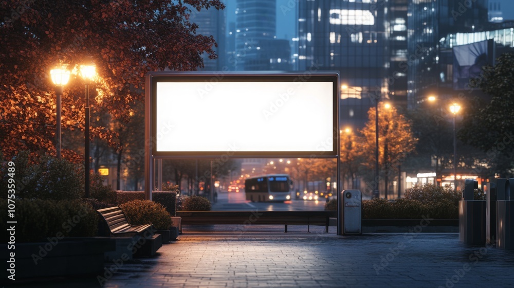 Poster an empty billboard sits on a sidewalk in a tranquil urban setting during dusk. city skyscrapers and 